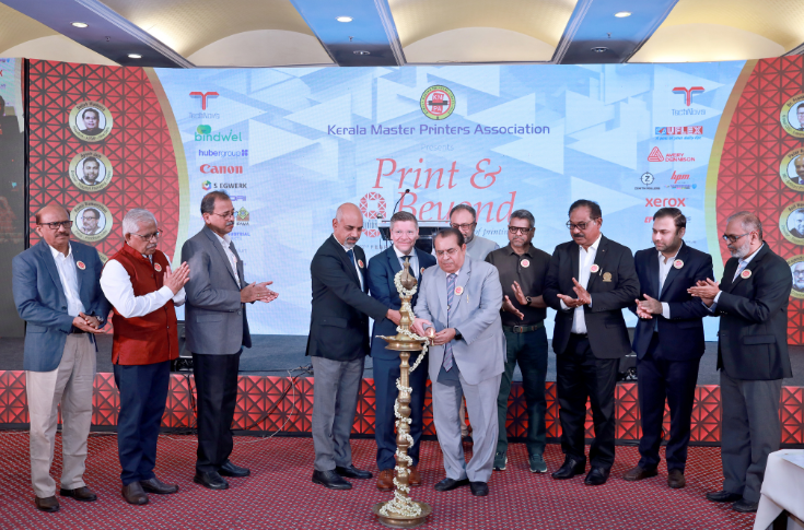 Industry conference in Kochi featuring Print & Beyond 2025 with delegates, keynote speeches by Frank Hornung and AIFMP leadership, discussing digital printing growth, automation, sustainability, and Industry 4.0 transformation in the print sector