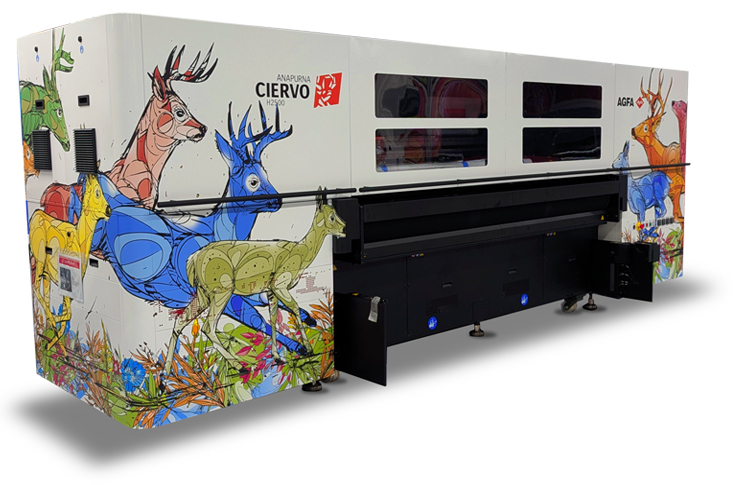 Wide-format hybrid inkjet printer from the Anapurna Ciervo family by Agfa, showcasing UV LED printing on rigid and flexible substrates, with artistic limited-edition design elements and packaging applications