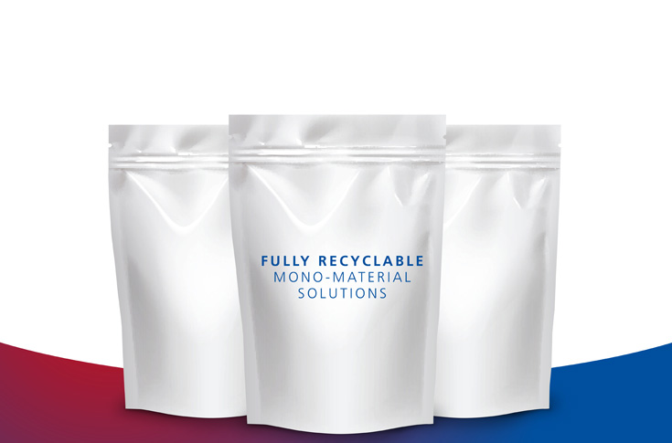 Mono-material flexible packaging structure using Borouge polyethylene and Siegwerk barrier coatings, highlighting recyclable pouch design, deinking technology, and sustainable packaging innovation for circular economy applications