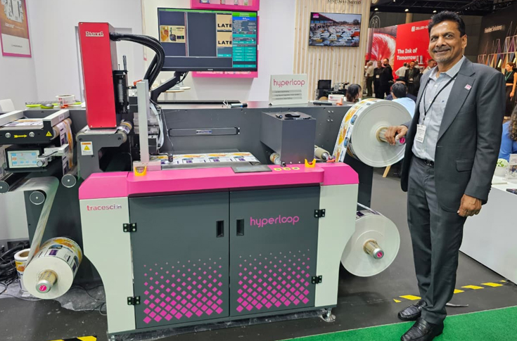 Monotech Systems booth featuring Jetsci track-and-trace platform, QR code-based security printing, and PixelGlow embellishment systems for digital and packaging applications