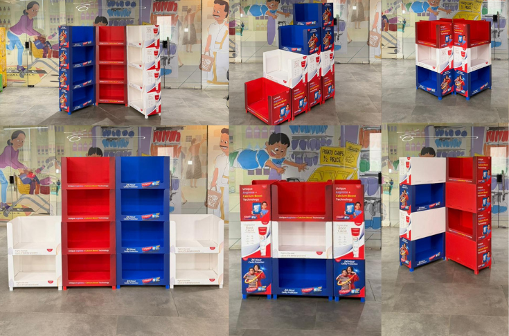Unidos UniStack modular stackable retail cutcase display supplied flat-pack, designed for durable, long-term in-store retail merchandising and flexible layouts