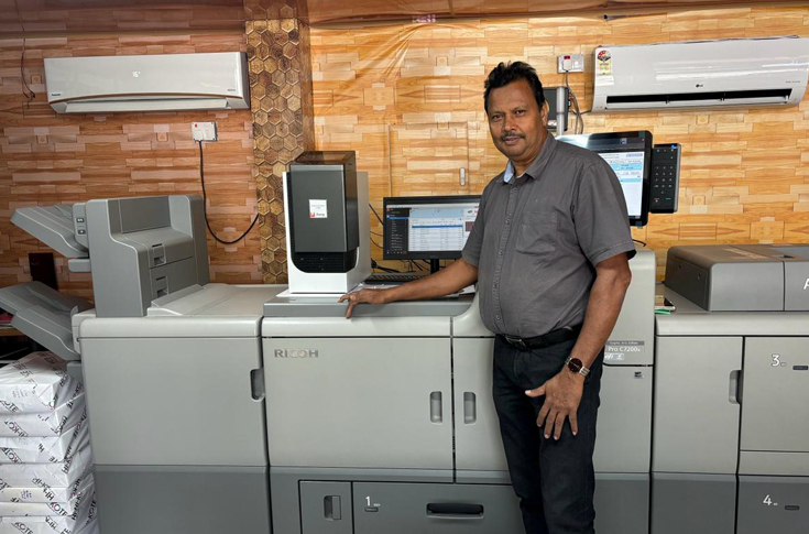 Small commercial printing unit in Kochi using Ricoh Pro C7200x digital production press for high-quality colour printing and expanded commercial print services