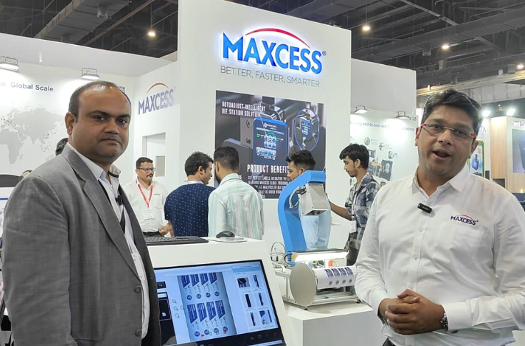 Maxcess India Visionmax inspection solution displayed at booth J12 alongside innovative automation technologies for the Indian printing industry