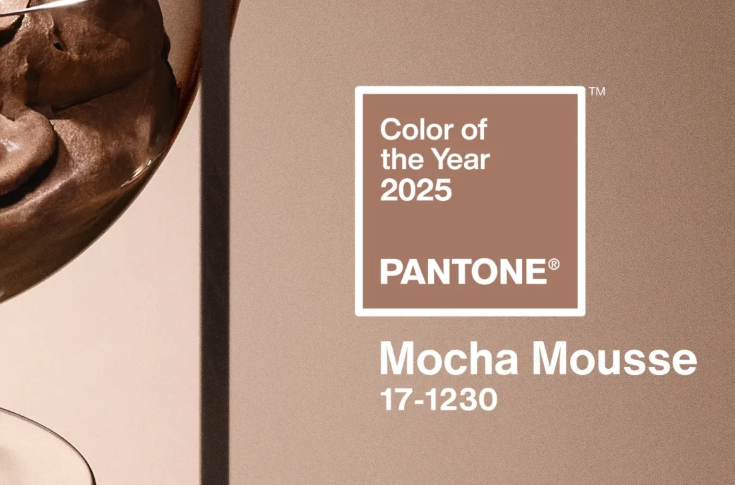 Pantone 17-1230 Mocha Mousse warm brown colour swatch representing comfort, cocoa-inspired tones, and luxury in design trends as part of Pantone Colour of the Year 2025 announcement