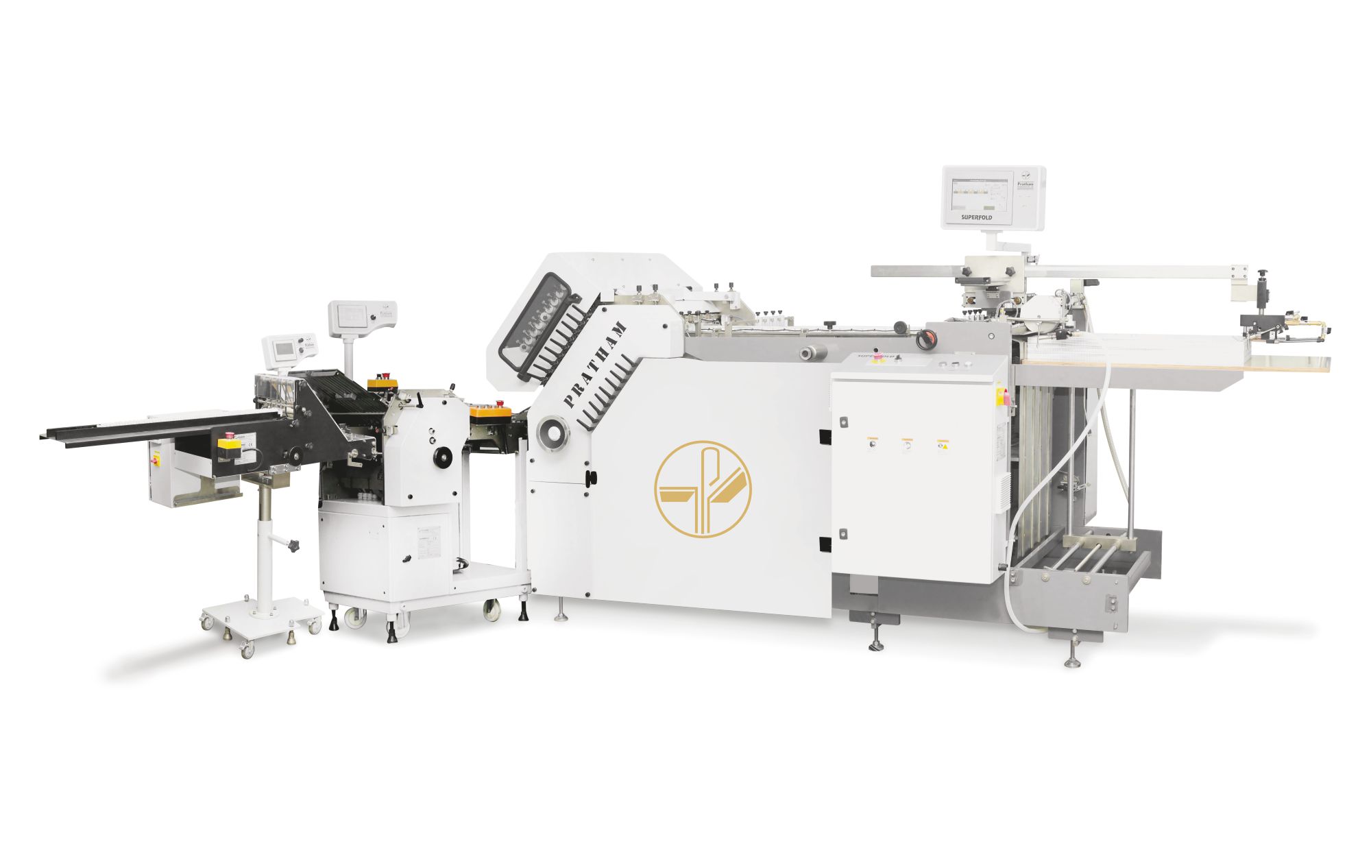 Pratham display at printing exhibition featuring advanced pharmaceutical folder machines, automatic booklet/commercial folders, and double-head taping systems designed for fast job setup, automation, and high-output commercial and pharma printing applications