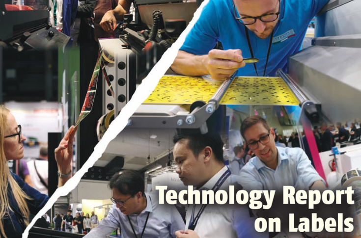 Trade show floor featuring digital label printing presses and workflow systems, including inkjet and LED technologies from leading manufacturers like Canon, Epson, and Domino