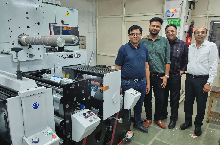 Ess Kay Group operating the Mark Andy E5 narrow-web flexo press for high-speed label and packaging production serving agro-chemical and industrial packaging markets