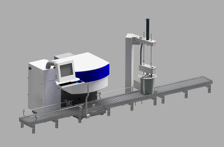 Industrial ink kitchen conveyor system compatible with GSE Colorsat Compact showing automated container handling for 25L, 60L and 200L ink drums across infeed, weighing, blending and outfeed sections, featuring motorised and gravity roller options for efficient and safe ink dispensing operations
