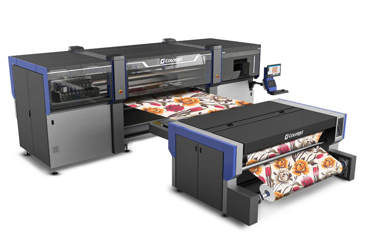 ColorJet Earth 32i digital textile printing machine displayed at ITM Turkey exhibition, featuring sustainable printing technology with Konica Minolta printheads and eco-friendly textile production capabilities
