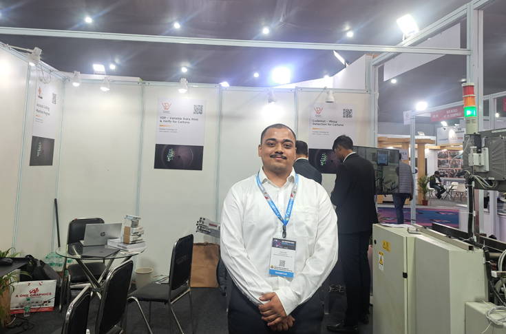 Ninad Nair of Precision Cutting Systems presenting the Accucut Paper Cutting Machine and Codemat inspection systems for pharmacode scanning, blank sheet detection, and automated quality control in printing applications