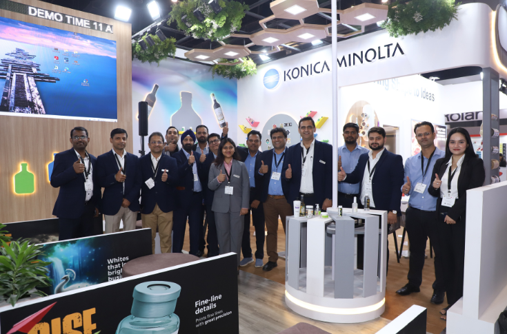 Konica Minolta representatives Vijay Kamat, Ankit Madan, and Ashok Sethi discussing the company’s growth and developments in the digital label printing segment