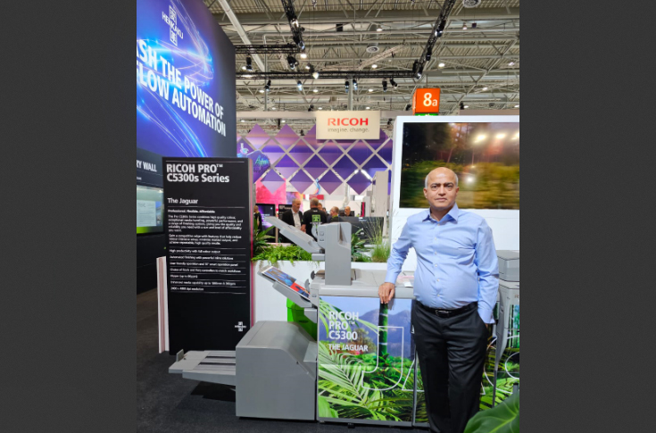 Interview discussion at Drupa 2024 about Ricoh digital production printing technologies, including labels, packaging, POD publishing, sheetfed inkjet systems, and trends shaping the Indian printing industry