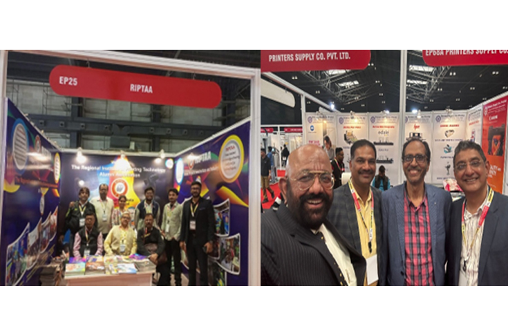 Eastern Print Pack 2023 exhibition in Kolkata featuring printing and packaging machinery including single-pass high-speed printers, flatbed cutting plotters, UV printing systems, and binding and rigid box-making machines displayed by leading industry exhibitors