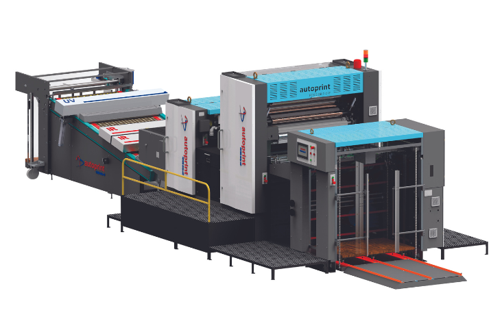 Autoprint Fine Coat drip-off coating machine used for UV and aqueous coating in printing industry, designed to replace traditional lamination with eco-friendly, single-pass high-quality coating technology
