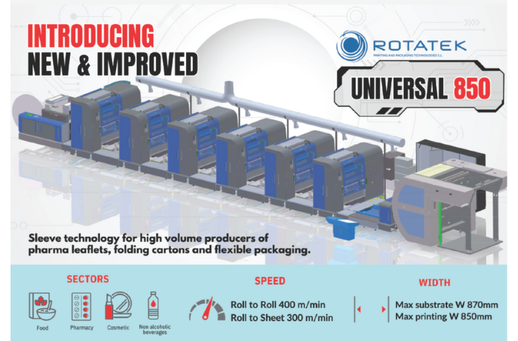 Vinsak India presents the Rotatek Universal 850 Offset featuring sleeve technology for pharma inserts, flexible packaging, folding cartons, and shrink sleeve printing