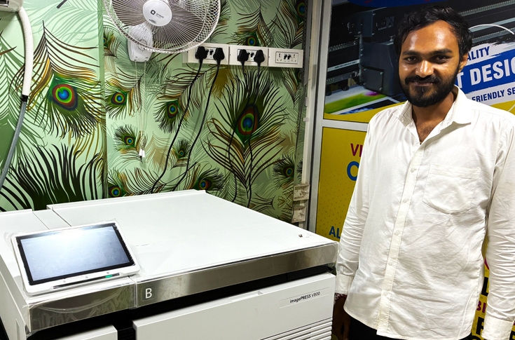 Nav Durga Enterprises team using Canon iPR V800 digital colour production press for high-quality short-run printing, delivering precise colour accuracy, vivid graphic textures, and versatile media handling for cards, brochures, calendars, and commercial print jobs