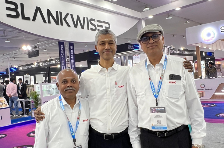 Balaji Gurram and V Vaidyalingam of Suba Solutions discussing product innovation, manufacturing strategy, and industry flexibility at PrintPack 2025