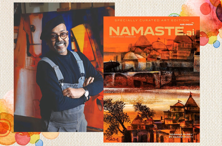 Air India Namaste.ai Art Edition featuring Paresh Maity’s ‘Morning Glory’ artwork on the cover, highlighting Indian art, culture, and global artistic perspectives in an inflight magazine