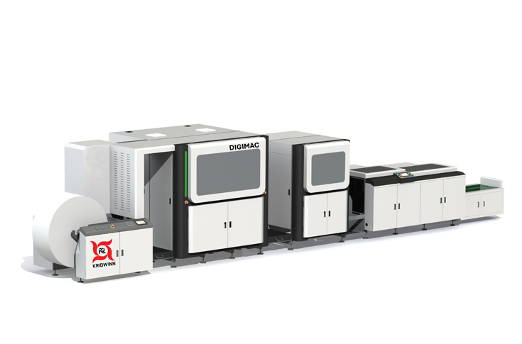Kridwinn Innovation stall at Pamex 2026 featuring live demonstrations of digital inkjet printing and finishing systems including Vorey AuraCut A6 label die-cutting machine, Digimac book printing system, UV varnishing, foiling solutions, and hybrid label printing technologies