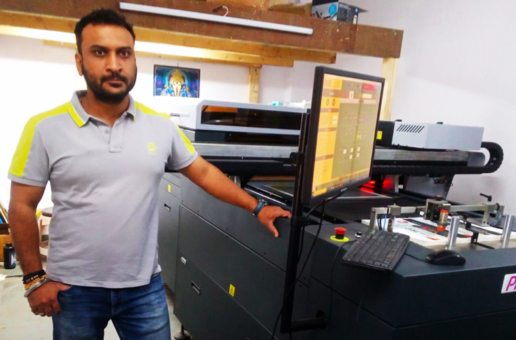 Shiva Graphics printing facility in Kanpur using Monotech Systems PixelGlow digital UV and foiling system for spot UV coating and metallic embellishments on labels, business cards, catalogues, and other printed materials