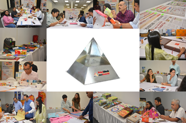 PrintWeek Awards jury discussion featuring packaging and print industry experts evaluating entries, highlighting innovation, digital printing trends, sustainability, hybrid technologies and growth of small-scale printers in India