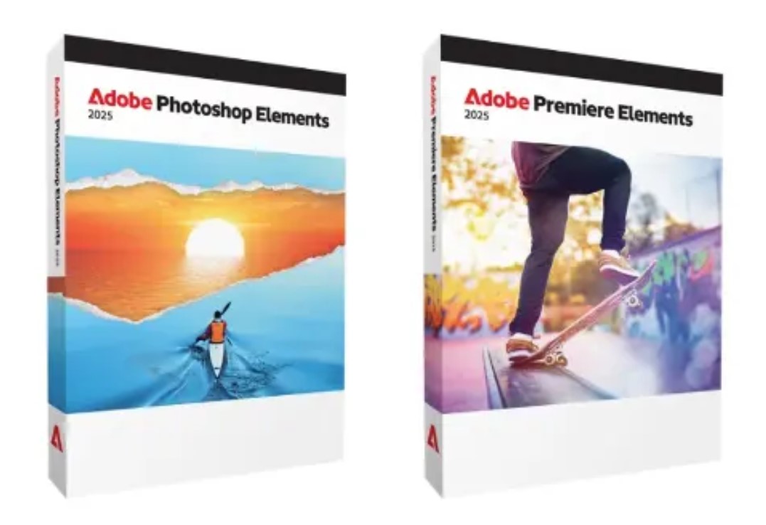 Adobe Photoshop Elements 2025 and Premiere Elements 2025 interface showcasing AI-powered editing features such as object removal, depth blur, color correction, photo blending, motion effects, text styling, video editing tools, and Guided Edits on Mac systems with Apple M3 support