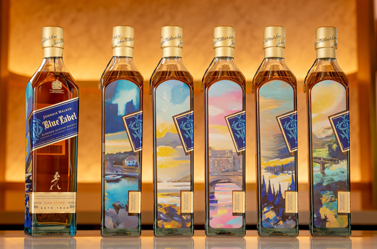 AI-driven whisky bottle personalisation experience at Johnnie Walker Princes Street, Edinburgh, where visitors create custom Blue Label bottle artwork using prompts, featuring generative AI design, on-site digital printing, and collaboration with Scottish artist Scott Naismith under Project Halo