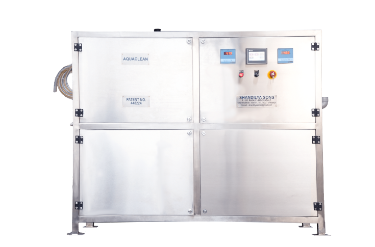 Industrial wastewater treatment system installed in a flexo printing facility, showing automated filtration and cleaning equipment designed to process ink-contaminated water from printing operations