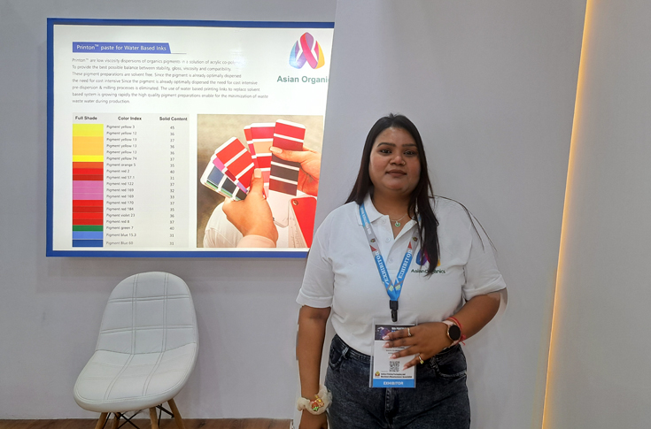 Shalu Aggarwal of Asian Organics discussing water-based inks, upcoming UV ink products, and market growth strategies for flexographic and rotogravure printing at PrintPack 2025